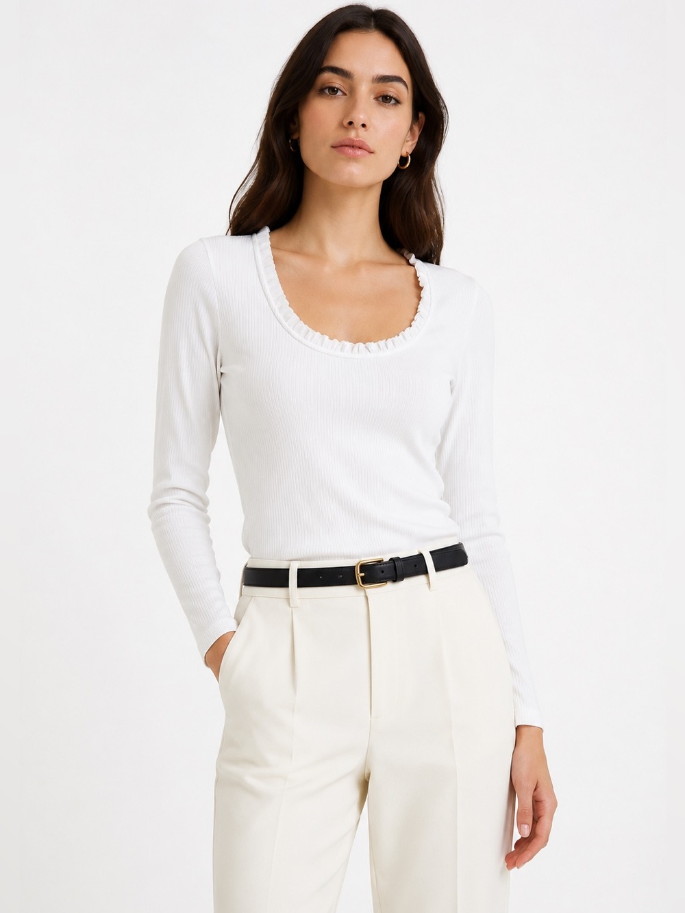 J. CREW Ribbed Ruffle Trim Scoop Neck Top White Long Sleeve Knit Tee Size Small‎